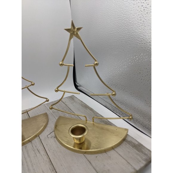 Set 3 Christmas Tree Candlestick Holder Wall Table Decor Metal Gold Brass 8 1/2" - Picture 2 of 7